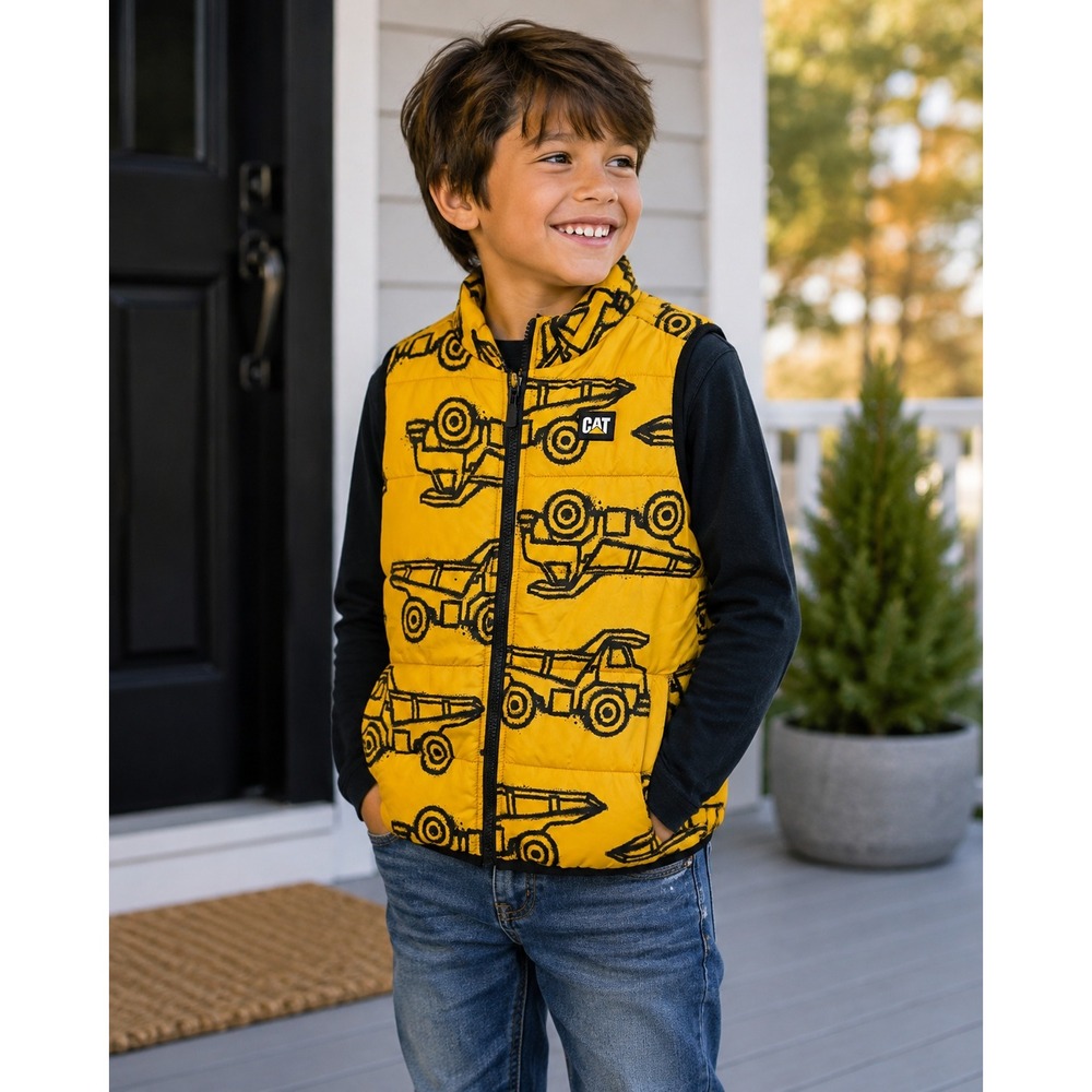 CAT Puffer Vest Size 6 Yellow Construction Dump Truck Print Quilted Vest #1287